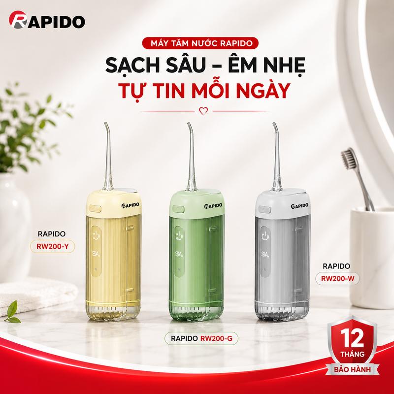 Máy tăm nước Rapido RW200, nhỏ gọn tiện lợi, áp lực nước 60-110 PSI an toàn cho nướu, 4 chế độ làm sạch linh hoả, chuẩn chống nước IPX7, bảo hành 12 tháng