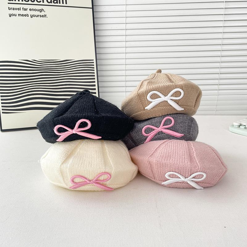 Mũ Nồi Nơ Cho Em Bé Mũ Len Ấm Áp, Thời Trang Mùa Đông, Màu Trơn Cho Trẻ Em, Thích Hợp Cho Nghệ Sĩ Và Họa Sĩ, Mũ Len Dệt Kim Cho Bé Gái