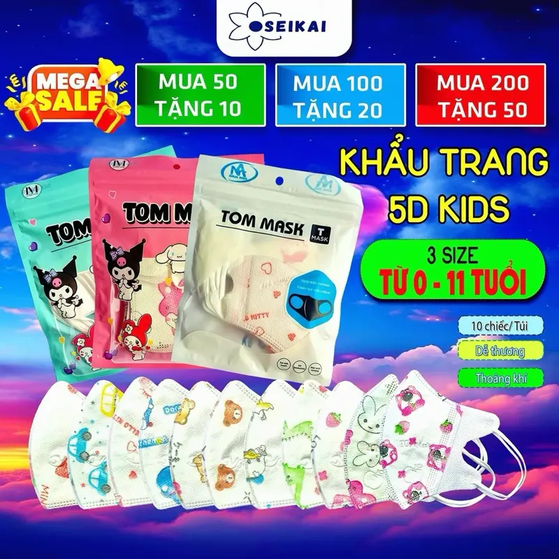 [ MUA Nhiều TẶNG nhiều] Khẩu Trang 5D Trẻ Em Tom Mask, có 3 size [0-11 tuổi], Hàng Loại 1 , in hình hoạ tiết cho bé,