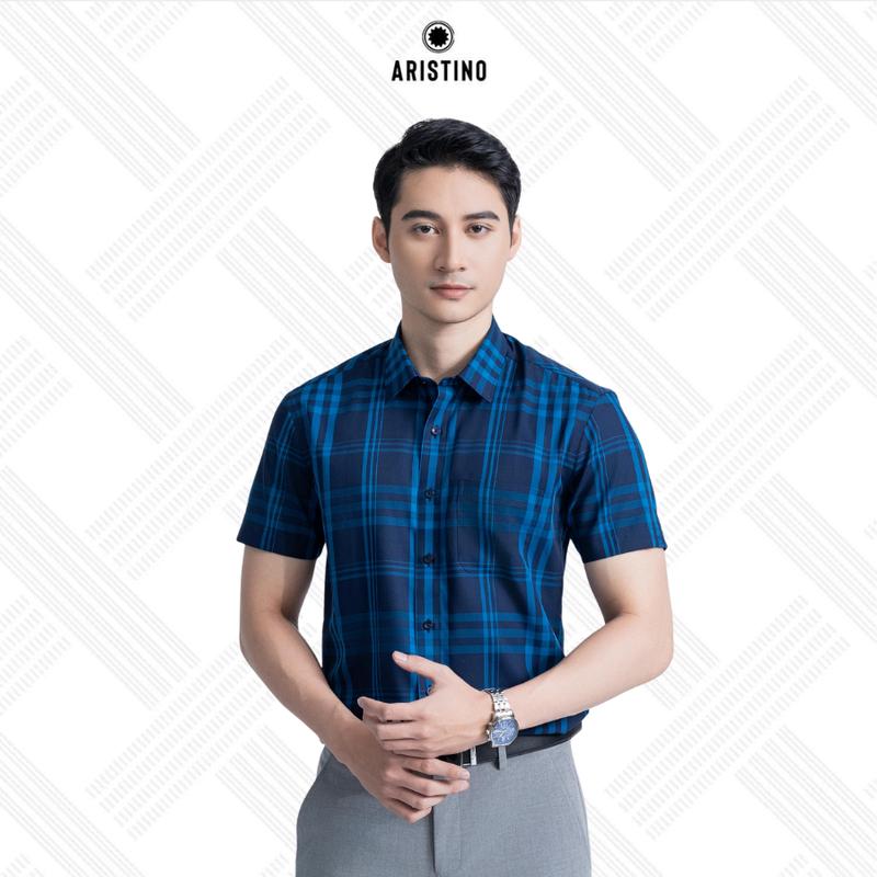  ARISTINO Áo sơ mi kẻ xanh ngắn tay Nam phom dáng regular fit ASS111S3 