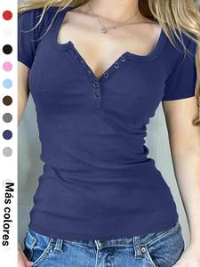 Playera de cuello en V con botones de color sólido para mujer, camiseta casual de manga corta para verano, ropa de damas para uso diario, top