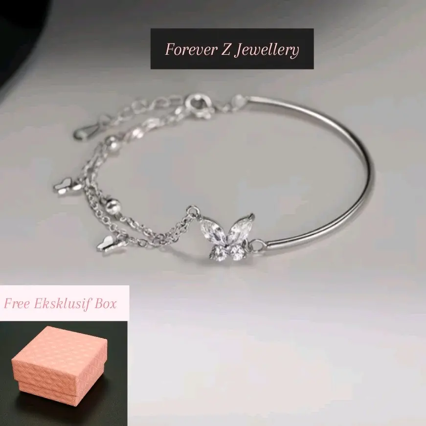 Gelang Titaniun Mewah dihiasi gantungan butterfly zirconia dan manik , Free Eksklusif Box