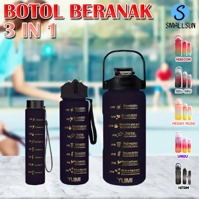 (SS) Botol Viral Gradasi Warna 3in1 Best Quality 1 Set 2Liter + 900ml + 350ml Free Stiker 2D+3D Plastik Sedotan Bottles