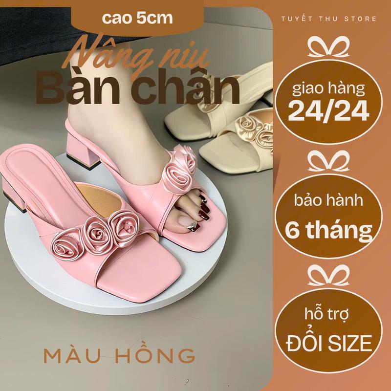 Dép cao gót cao 5cm quai đính 3 bông sang chảnh
