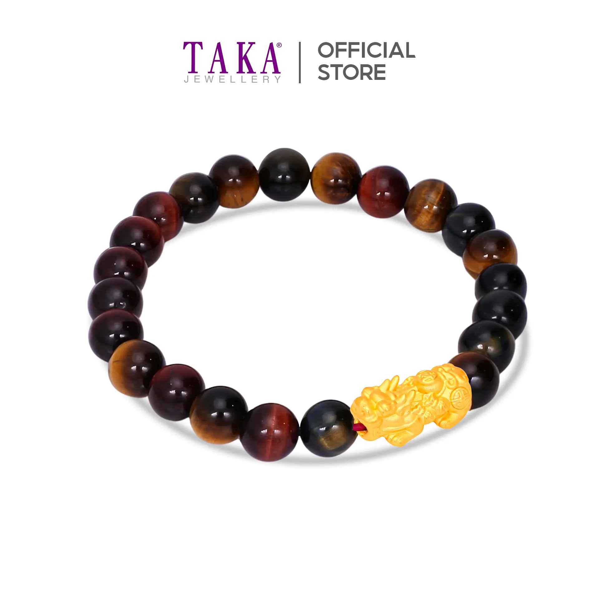 【Javier Seow Limited Edition】TAKA Jewellery 999 Pure Gold Single Pixiu with 8mm Red Tiger Eye Beads Bracelet