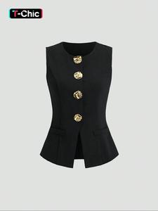 Blazer básico francés sin mangas con botones metálicos para mujer, chaqueta casual de uso diario, ropa de abrigo ligera para primavera y otoño
