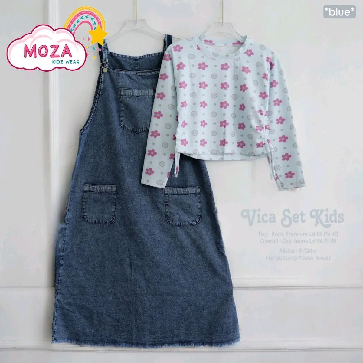 Setelan Anak Vica untuk Usia 8-12 Tahun dengan Inner Kaos Knit dan Outer Jeans Wash - Fashion