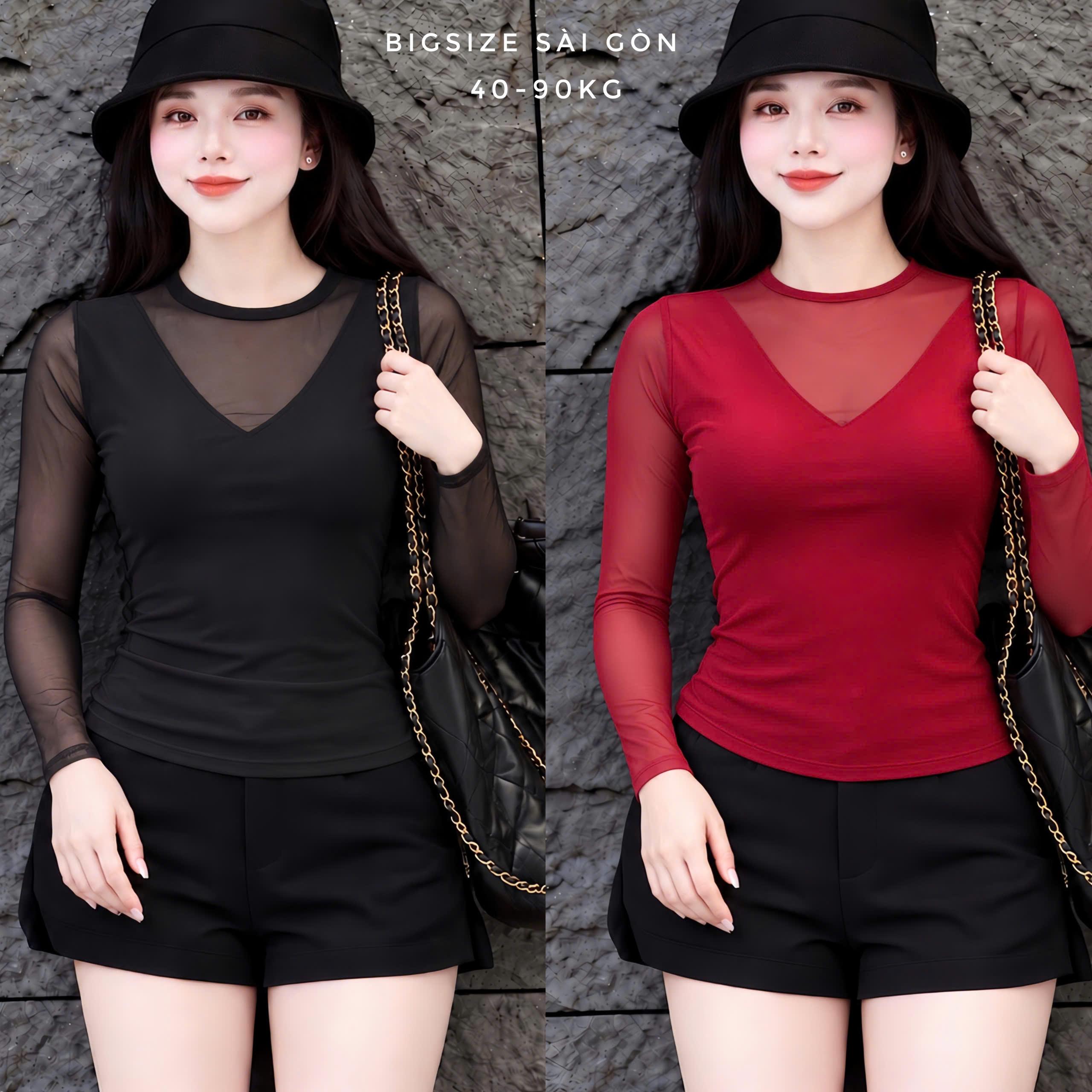 Áo Thun Tay Dài Vải Lưới 2 Lớp Cổ Tim 45 - 90Kg Dễ Thương Nữ Women Top Nhung - B.1334