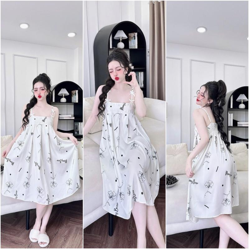 Product Introduction of (Kèm quần) Đầm ngủ lụa xếp ly ngự đính nơ dễ thương chất latin mềm mịn in họa tiết dễ thương 40-65kg 9