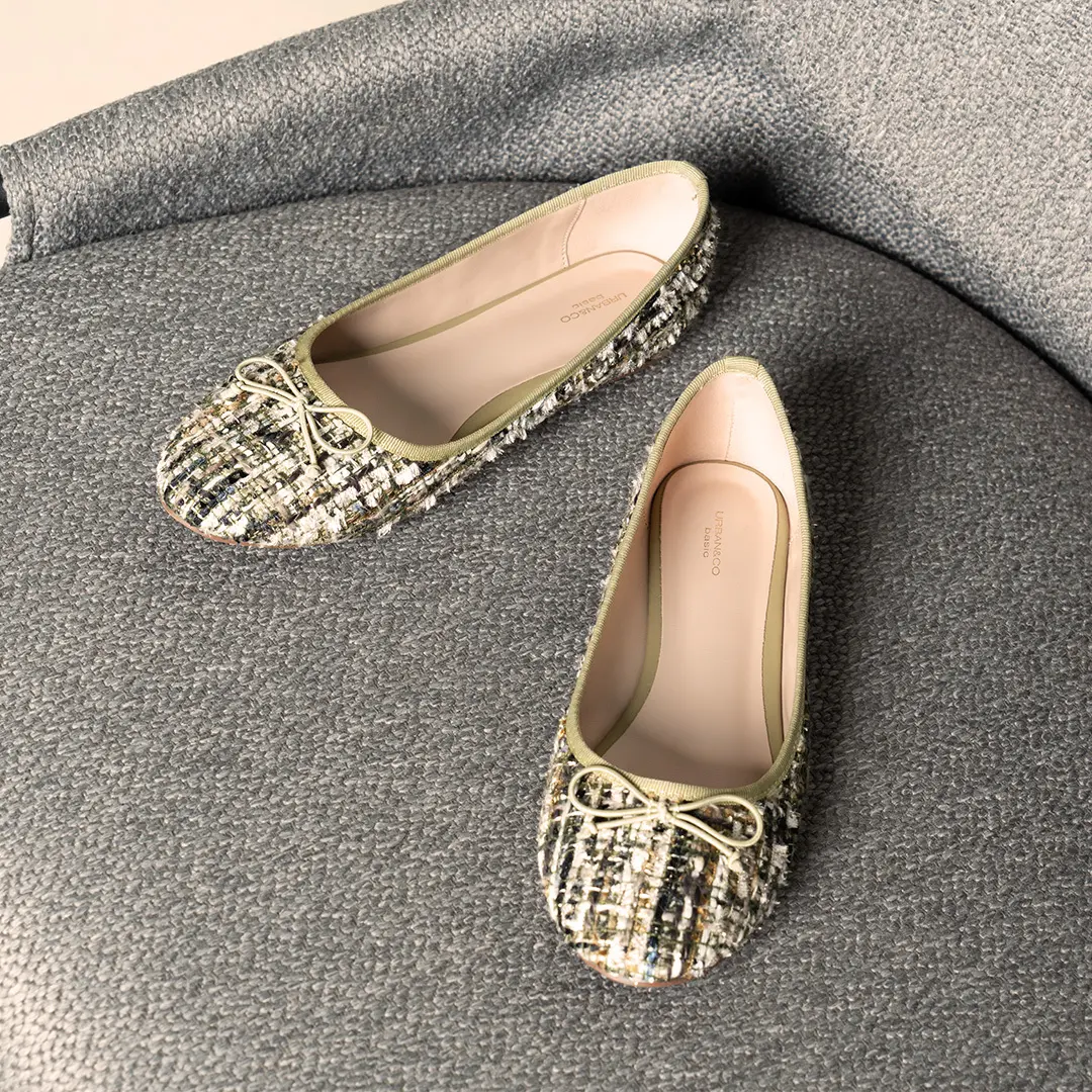 ANOTHER X URBAN&CO Oviza Flat Shoes Wanita| Sepatu Flat Bahan Tweed Aksen Pita Cute Karet