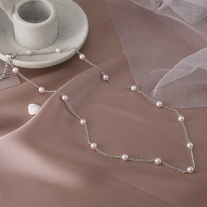LEERE - Kalung Mutiara Korea Pendek Rantai Silver Wanita Sederhana Serbguna ​Niche Clavicle Rantai Hadiah Aksesoris Fashion 4