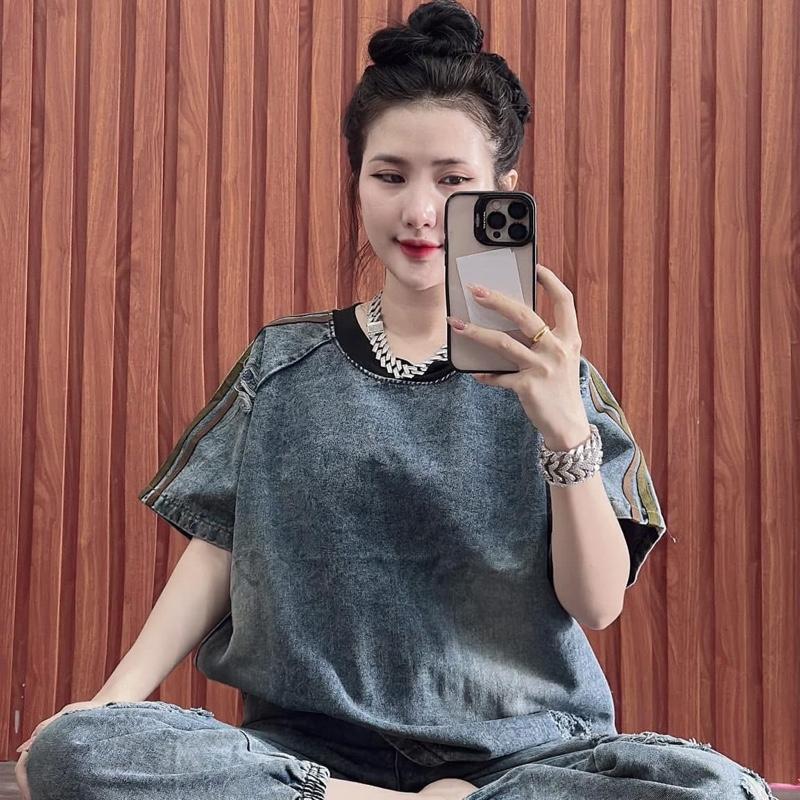 Đồ Bộ Jean tay ngắn cổ Tròn chạy sọc ba màu quân dài bo chun