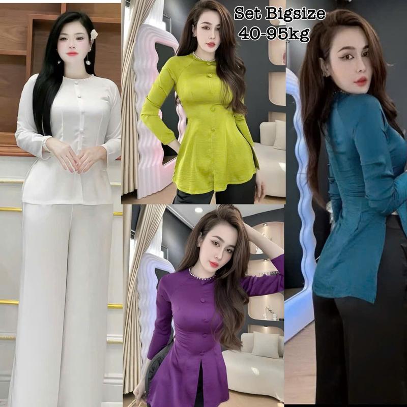 Set Bộ Đồ Bà Ba Bigsize Nữ Cao Cấp Pháp Phục Đi Lễ Chùa Áo Tay Dài Cổ Tròn Viền Ngọc Trai Kèm Quần Dài Vải Tuyết Nhung Cao Cấp Xinh Đẹp Thanh Lịch Sang Trọng 50-95kg Áo Top Đồ Lam Pháp Phục Bigsize Women Tay Loe Nhung Ống Loe Dài Tay Đen Voi Ong - 2503