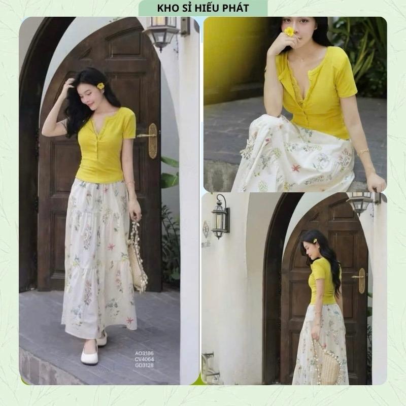 Set Áo Tăm Zip Vàng( không kèm áo ren trong) Ôm Dáng Cúc Cài Phối Chân Váy Hoa Xoè Nổi Bật Mùa Hè by Hp