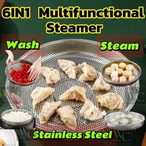 6IN1 Pengukus Bakul Dapur Keluli Tahan Karat Makanan Tekanan Periuk Serbaguna Alat Berprestasi Tinggi Memasak Anti-Karat Pemegang Saliran Tebal Multifunction Stainless Steel Steamer Household Kitchen Rack Drain Handle Basket Vegetable Fruit Kitchenware