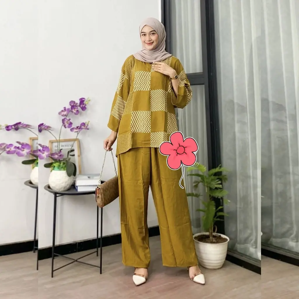 BELLA ONE SET M L XL XXL Setelan Dewasa Tunik Muslimah Bahan Adem Dingin Katun Rayon Oneset Jumbo LD 125CM Premium Celana Kulot Wanita Terbaru Full Karet Long Tunik Busui Oneset Santai Baju Santai Blus Jumbo Ibu-Ibu Busui Friendly Setelan Celana Kulot