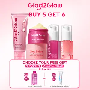[B5G6]Glad2Glow GLASS SKIN SET -Brightening Moisturizer+Niacinamide Cleanser+Brightening Serum+Peeling serum+Retinol moisturizer+Free Gift For Micellar Water+ skincare memutihkan dan glowing scinker memutihkan wajah skincare glycolic