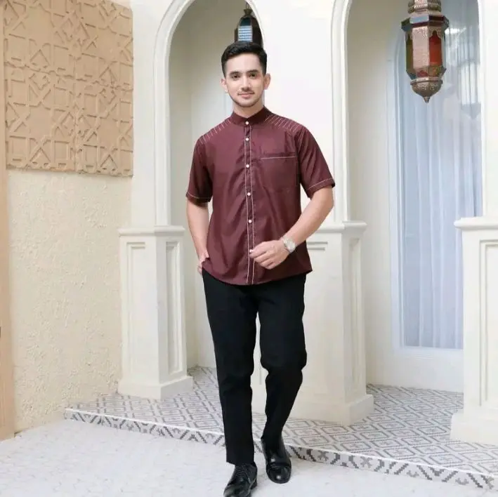 Naza Koko Couple Ayah Dan Anak Setelan Sarimbit Burgundy Koko lebaran Motip Benang Simpel Elegan 2