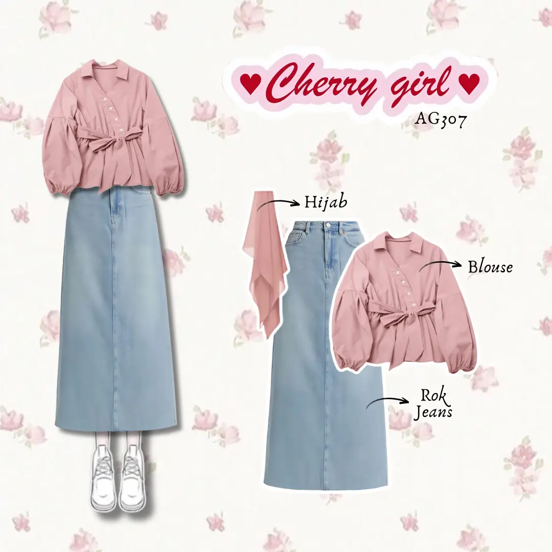 New Style Oary Pink One Set Korean Style Wanita Kekinian | Blouse + Rok Jeans + Hijab | SET AG307