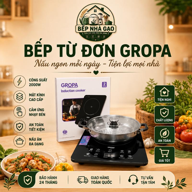 BẾP TỪ ĐƠN GROPA BẾP TỪ ĐƠN CẢM ỨNG TẶNG KÈM NỒI LẨU , Mặt Kính Chịu Lực- Bảo