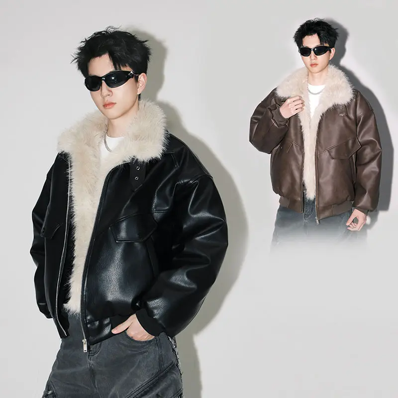 カ*ま様 ファー・レザー ボンバージャケット 2 色展開！ファーフード付きオーバーサイズボンバージャケット レザー