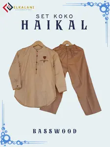 ELKALANI - Kurta Haikal Baju Anak Kurta Anak Koko Anak Laki-laki Setelan Kurta Anak Lengan Panjang Manset Usia 4-13 Tahun Baju Lebaran Baju Celana Tanpa Peci
