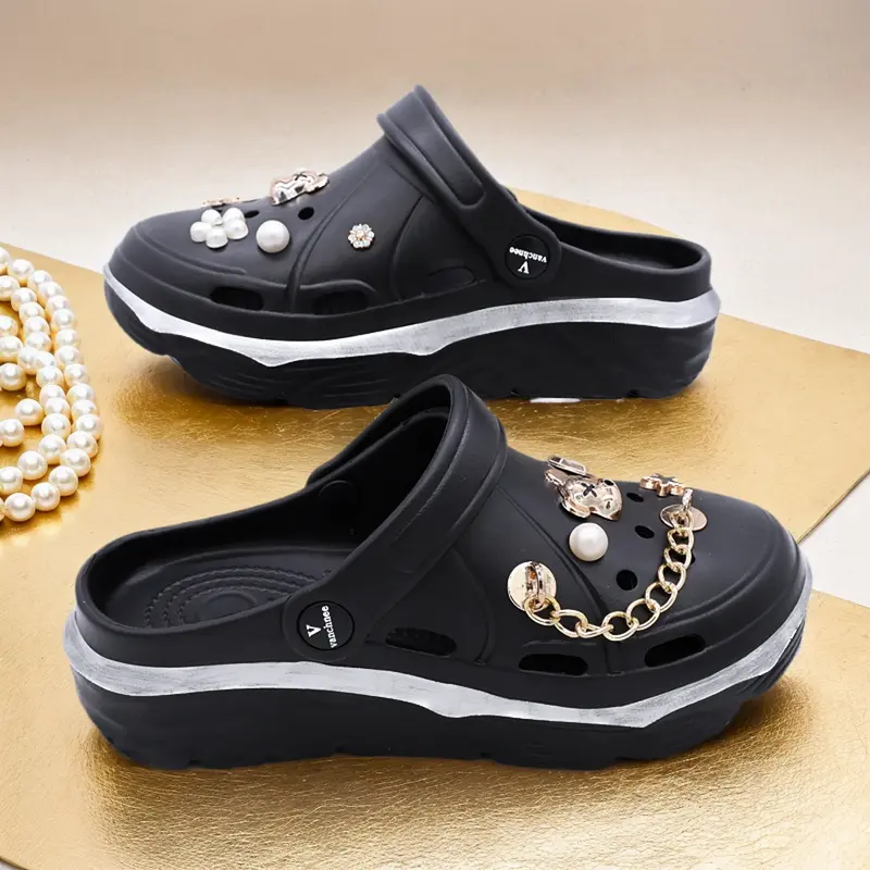 ￼BOZЄЄ Sandal 907-Wanita Korea Sandal Jelly Wanita Fuji Sandal Sepatu Tinggi 5.5cm CROSS Gold Rantai Slip On Media EVA Sandal Sendal 7