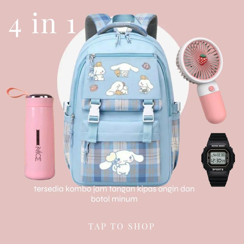 TAS RANSEL SEKOLAH ANAK PEREMPUAN SD SMP SMA CINNAMOROL COMBO JAM TANGAN KIPAS BOTOL MINUM DAN GANCI 0
