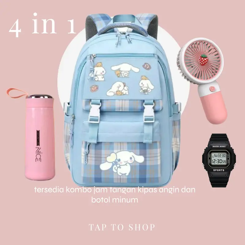 TAS RANSEL SEKOLAH ANAK PEREMPUAN SD SMP SMA CINNAMOROL COMBO JAM TANGAN KIPAS BOTOL MINUM DAN GANCI 0