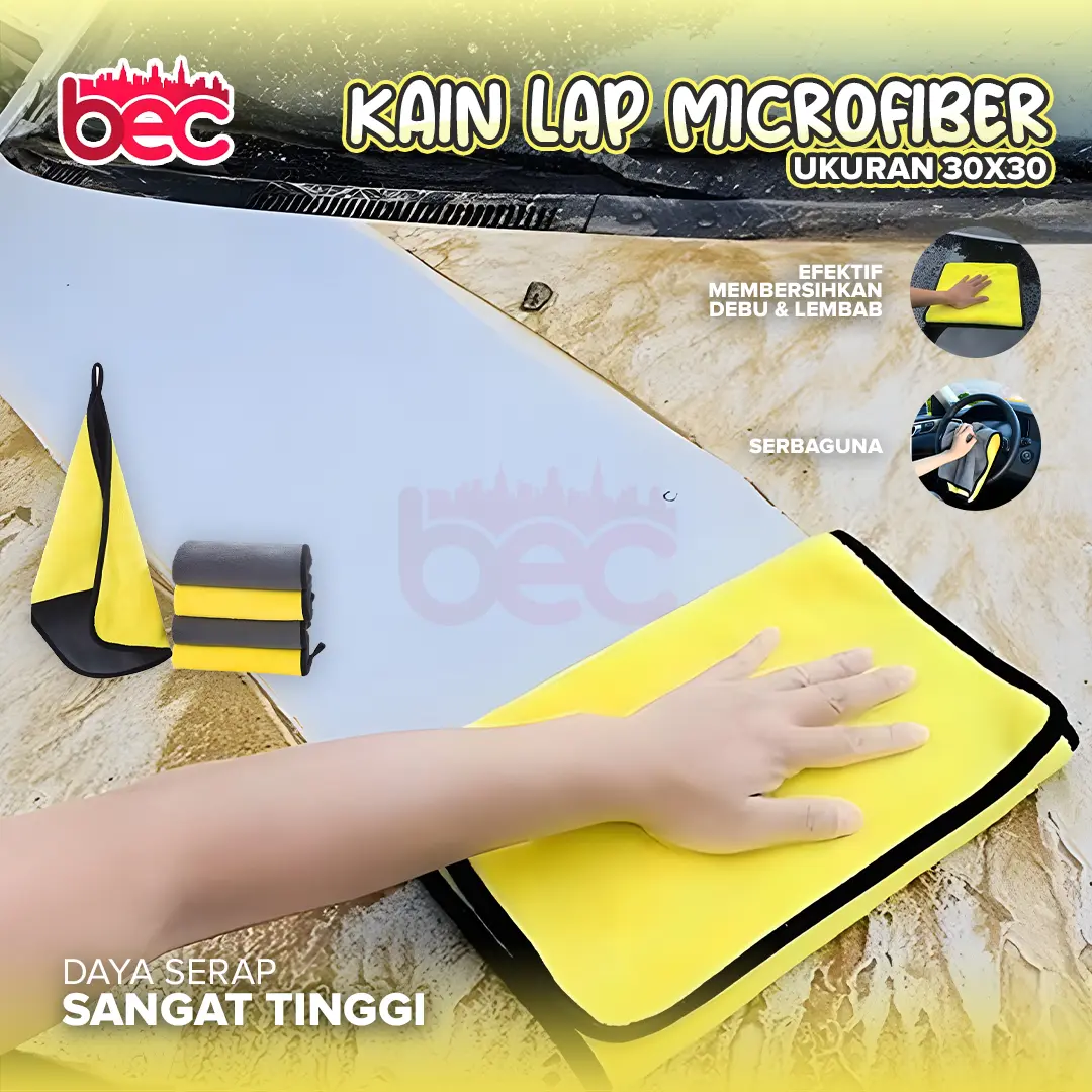 [BEC] KAIN LAP MICROFIBER SERBAGUNA 30X30 LAP MOBIL 2 SISI HALUS MULTIFUNGSI 500GSM