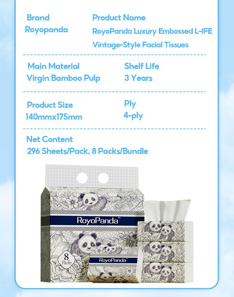 【16 Packs】RoyoPanda Tissue Soft Original Bamboo Pulp 4-Ply Soft Facial Tissue 296 Sheets 140×175mm Best Choice for Wedding Goodies Tissue & Doorgift for home, royotissue
