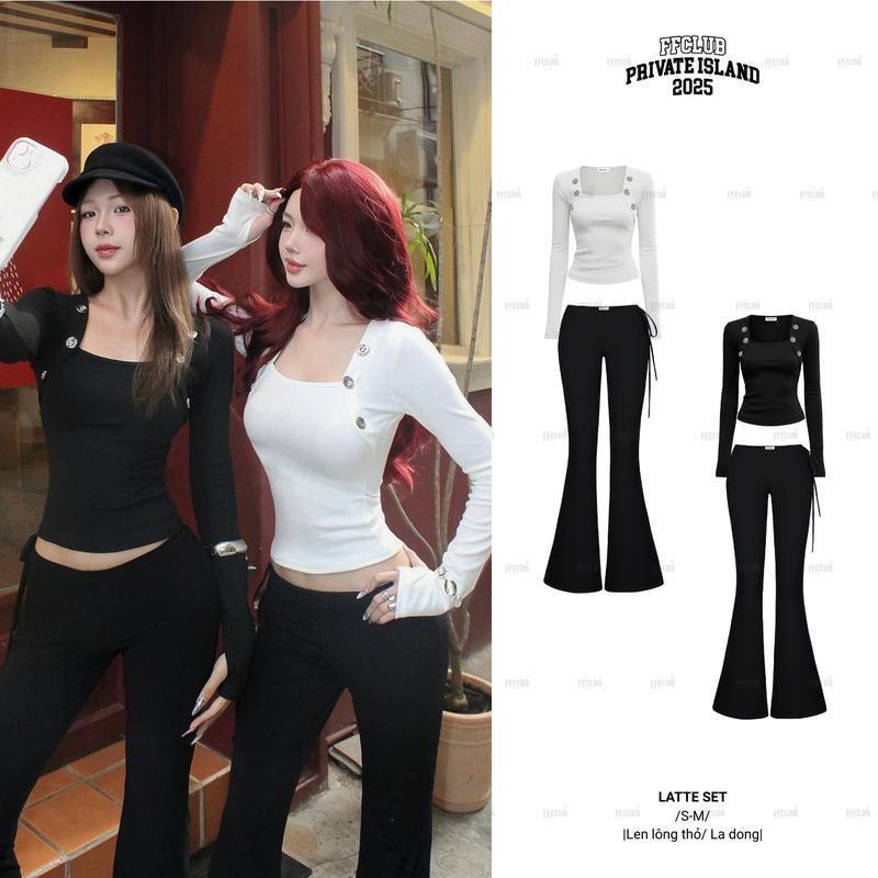 CÓ TÁCH SET ÁO LEN LATTE TAY DÀI PHỐI NÚT + QUẦN DÀI ỐNG LOE LA DONG CẠP TRỄ TÔN DÁNG - FRIENDS FOREVER CHÍNH HÃNG