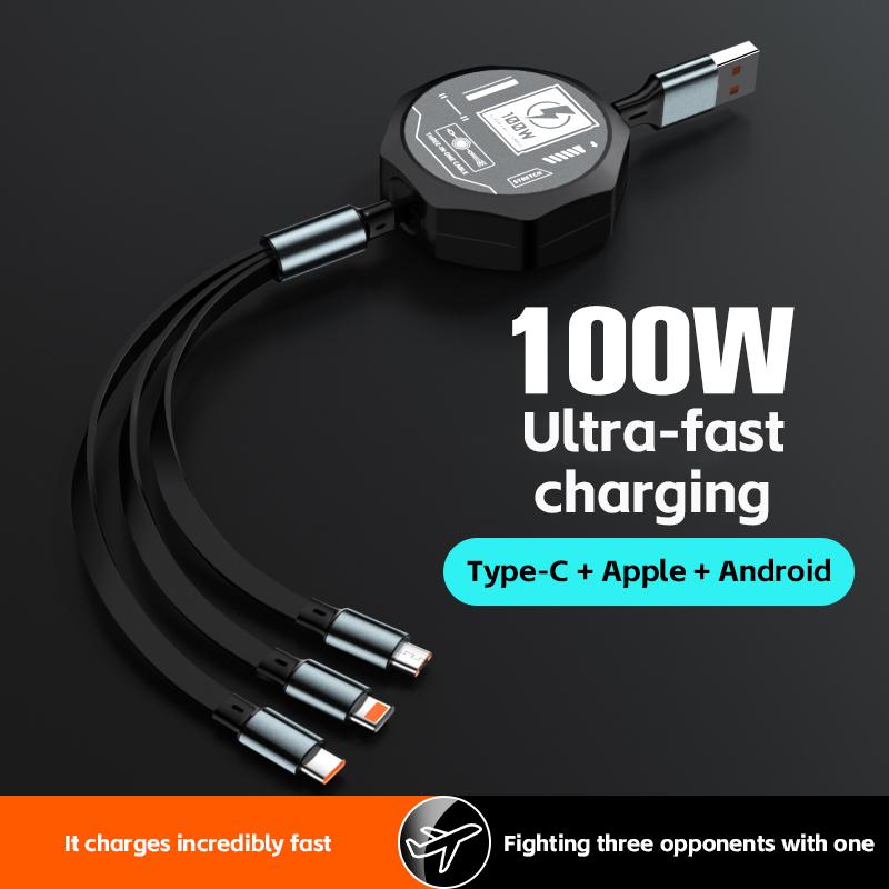 Reabol 3 in 1 Retractable USB 100W Fast Charging Cable Micro USB 5A Type-C for iPhone Samsung Xiaomi