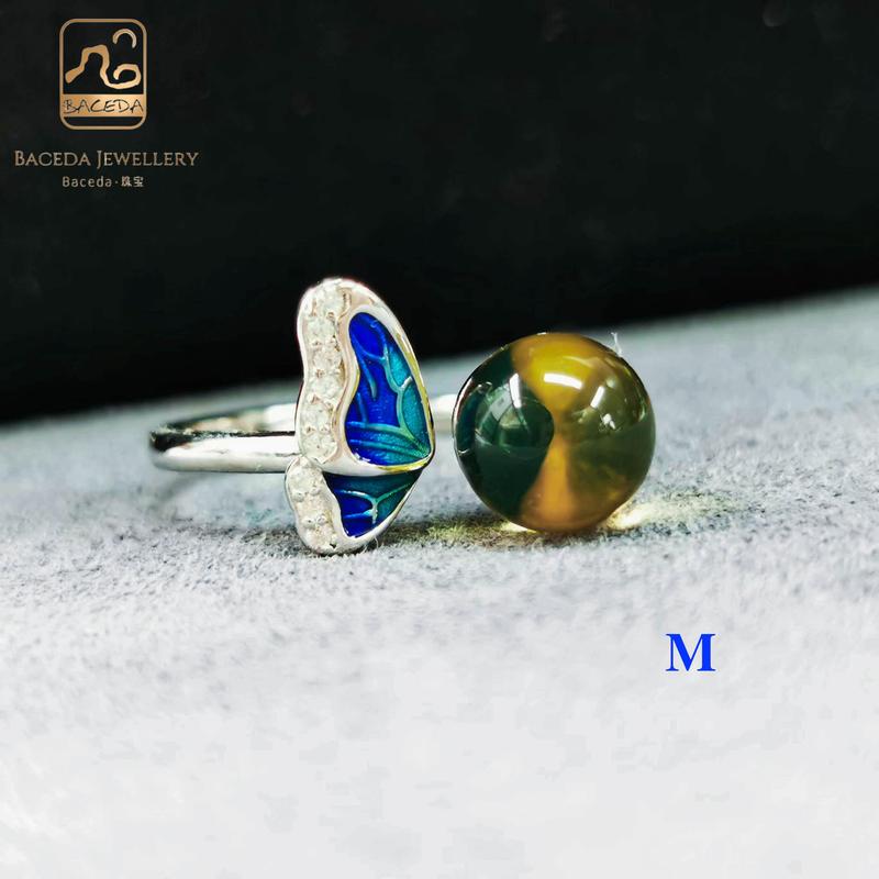 Product Introduction of Blue Amber ring S925 adjustable band open work rings special flower pattern fashion design round gemstone 23