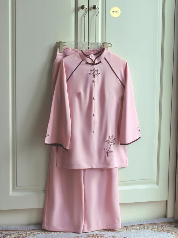 DL158 HỒNG PASTEL Họa Y Pháp Phục bộ Đồ Lam Đi Chùa Nữ big size phật tử truyền thống chất lụa tuyết Women hoa sen trung niên cho mẹ phục áo bà ba Tơ thiết kế cao cấp tràng