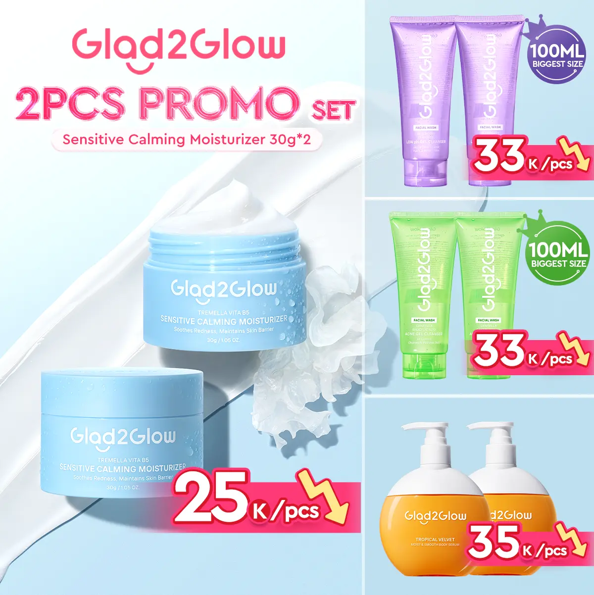 【2PCS LEBIH MURAH】Glad2Glow 2PCS PROMO SET - Gel Cleanser & Acid Cleanser & Micellar Water 300ml & Brightening Body Serum300ml & Moist- Pembersih Wajah Lembut Melembabkan Barrier Kokoh Kontrol Minyak Acne Fighting- Cocok untuk Semua Jenis Kulit