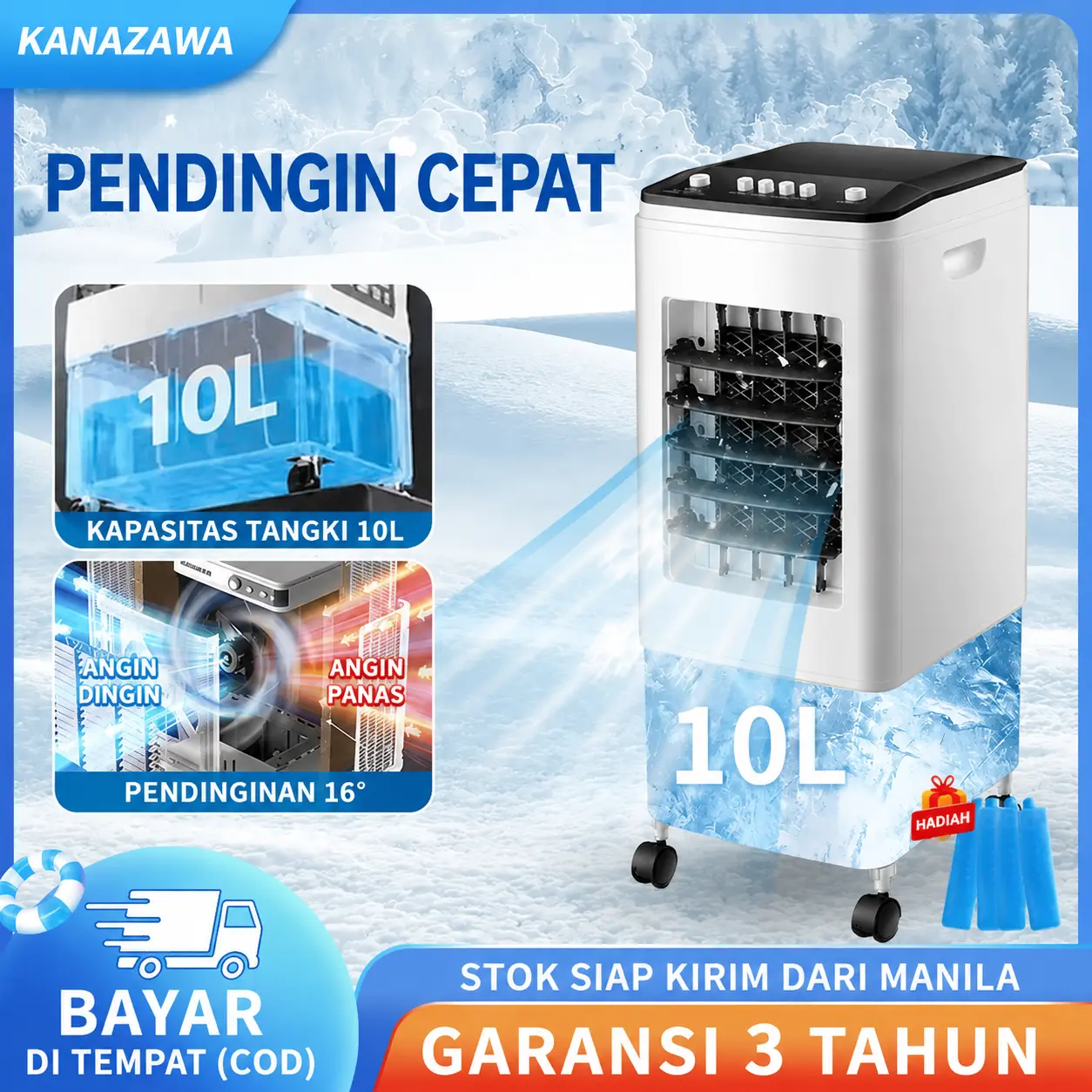 [KANAZAWA]Pendingin udara fungsi tiga tingkat penyesuaian, hemat energi 60 watt, kipas pendingin dengan motor daya tinggi, kipas pendingin udara, efek pendinginan setara AC Air Cooler
