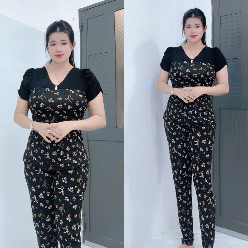 Đồ Bộ Nữ tay phối đen Thun Aty Quần Dài ống ôm Tay Phồng Size 48-85kg Thiết Kế Hoa Sắc Màu Thoải Mái Cho Vóc Dáng - Ong