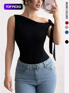 Camiseta de verano para mujer con cuello asimétrico, sin mangas y corte ajustado, top casual, tejido elástico suave, diseño liso, perfecta para uso diario