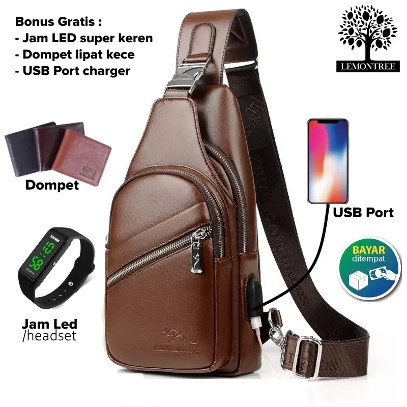 Tas selempang pria kulit distro keren anti air original dan murah free dompet  jam LED atau headset  USB Port/jsnbrw
