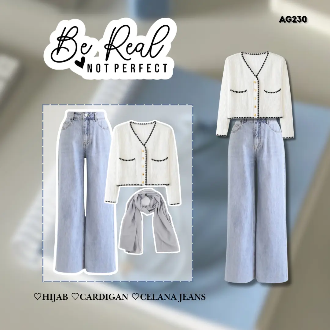 Baju Setelan Wanita Elegan Style OOTD One Set Kekinian Cardigan + Celana Jeans + Hijab SET AG230
