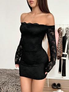 Vestido mini de mujer con hombros descubiertos y manga larga, con encaje y retazos, ropa casual elegante para verano y fiestas, ropa de moda para damas