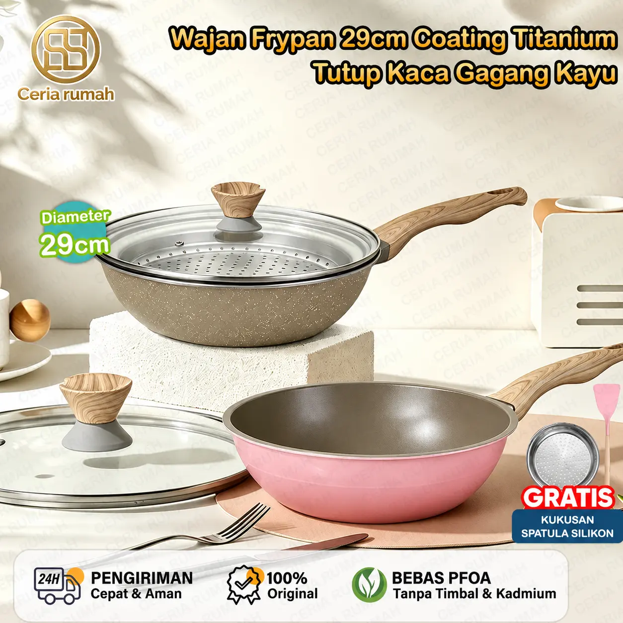 [NAD BABYOLIV] Wajan Frypan Titanium Anti Lengket Dengan Kukusan Tutup Kaca Gagang Kayu Soft Touch Free Spatula Silikon - Kitchenware