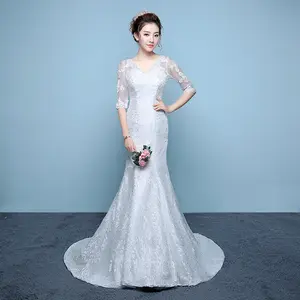 (ADA LD 83CM-110CM) Wanita Putih V-neck Mermaid Wedding Dress Gaun Pengantin Renda Putri Duyung Fishtail Wedding Dress Pesta Bride