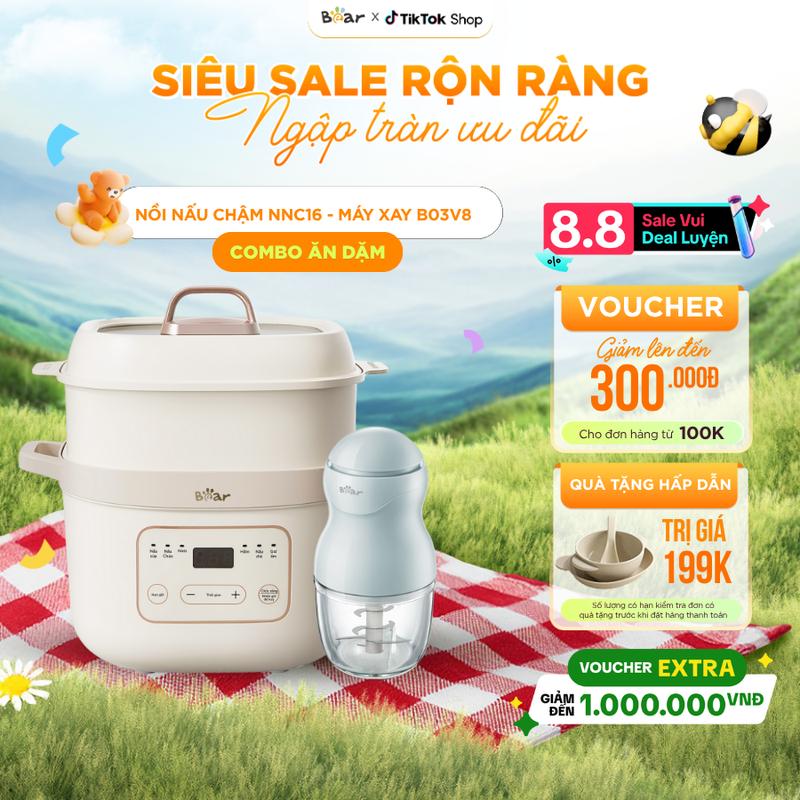[Tặng Cẩm nang ăn dặm] Combo Ăn Dặm Nồi Nấu Cháo Chậm BEAR Nồi Nấu Chậm Nồi Nấu Chậm Cho Bé 1,6L NNC16 và Máy Xay Ăn Dặm Cho Bé Máy 0,3L B03V8 8 Lưỡi Mini Cầm Tay Xay Cháo Nhuyễn Cho Bé