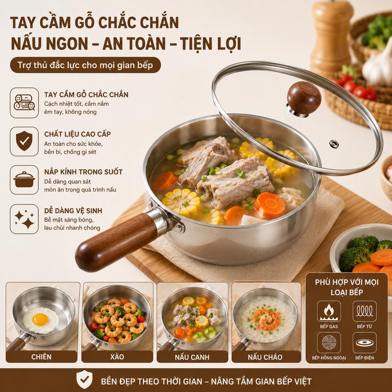 Nồi inox tay gỗ kèm nắp size 17cm, tiết kiệm thời gian vào bếp, tiện lợi, nhanh gọn, phù hợp với mọi gia đình, trang trí , decor, thích hợp với không gian bếp