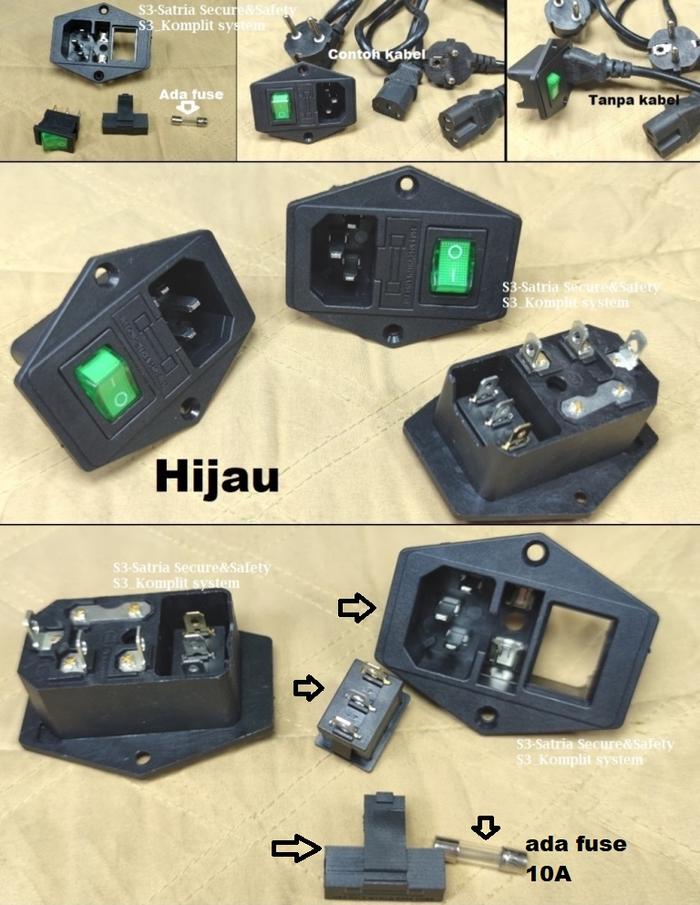ada tombol IO on off saklar switch tombol Hijau (minim 20pcs bisa lebih) Socket input iec inlet cowo