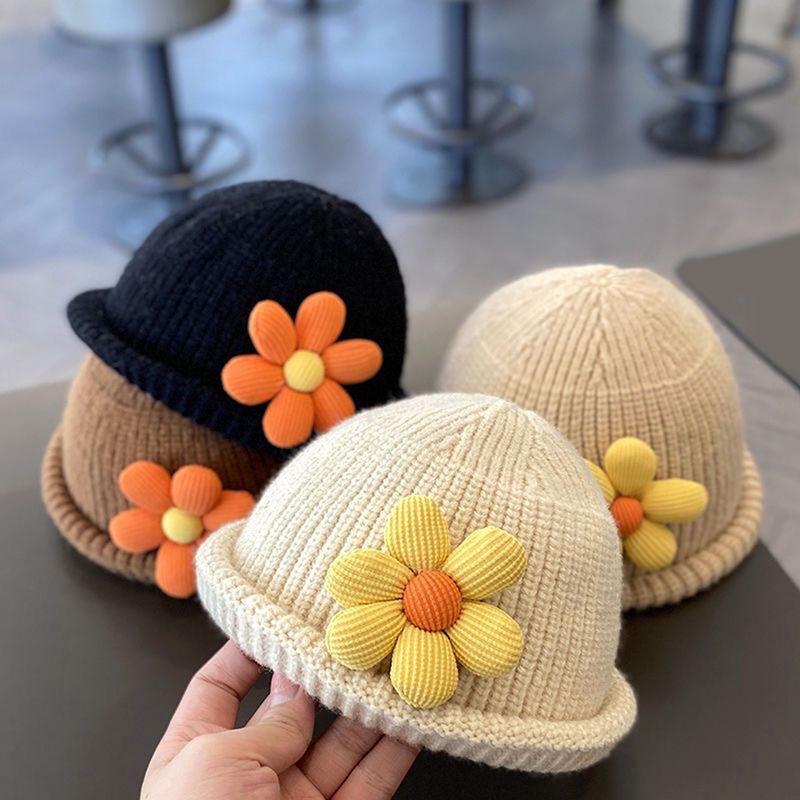 Mũ Dệt Kim Cho Em Bé Hoa Hướng Dương, Phong Cách Hàn Quốc, Mũ Đầu Lâu Cho Trẻ Sơ Sinh Mùa Đông, Dành Cho Bé Gái, Không Vành, Giữ Nhiệt