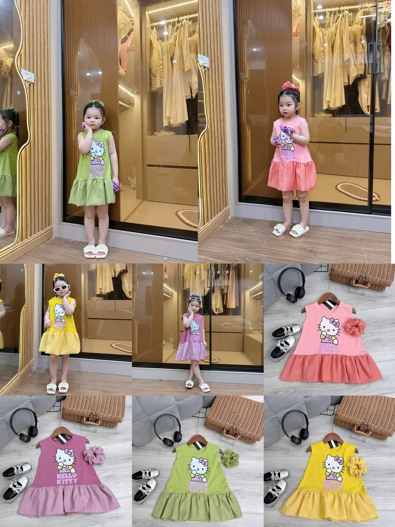 Bộ Váy Hello Kitty Kèm Buộc Tóc (Scunchies) Cho Bé Gái Với Các Màu Xinh Yêu