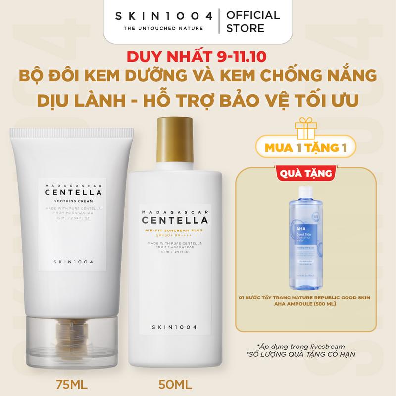 [MEGALIVE][Tặng 1 NTT Nature Republic AHA 500ml] Skin1004 Combo Dịu Da Chống Nắng Kem Dưỡng Soothing Cream 75ml+ Kem Chống Nắng Air-fit Suncream 50ml